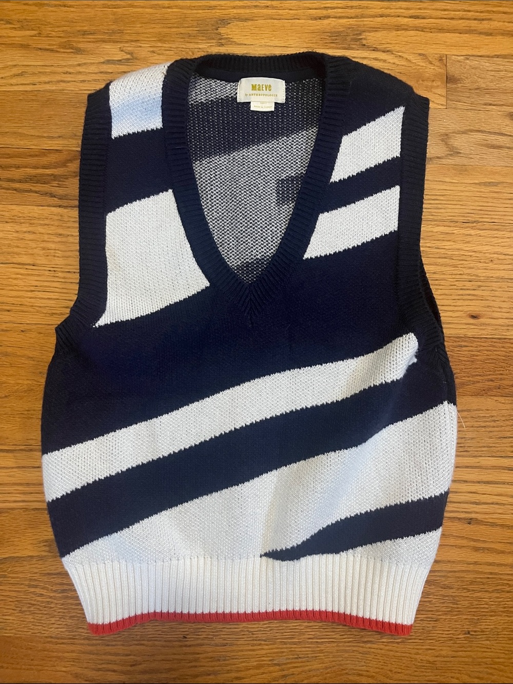 Anthropologie Navy, White & Red Striped V-Neck Sweater Vest small
